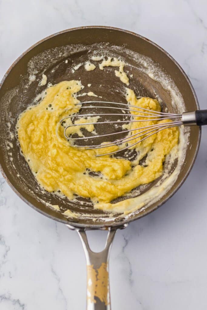 Roux browning in a large skillet.