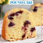 Slice of lemon blueberry bundt cake on a plate.