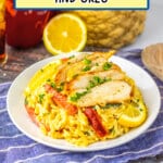 Plate full of lemon chicken orzo on a table.