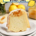 Slice of lemon curd bundt cake on a plate.