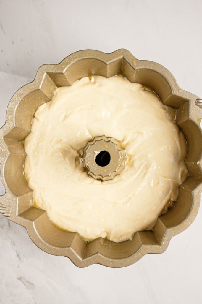 Batter in a flouted baking pan.