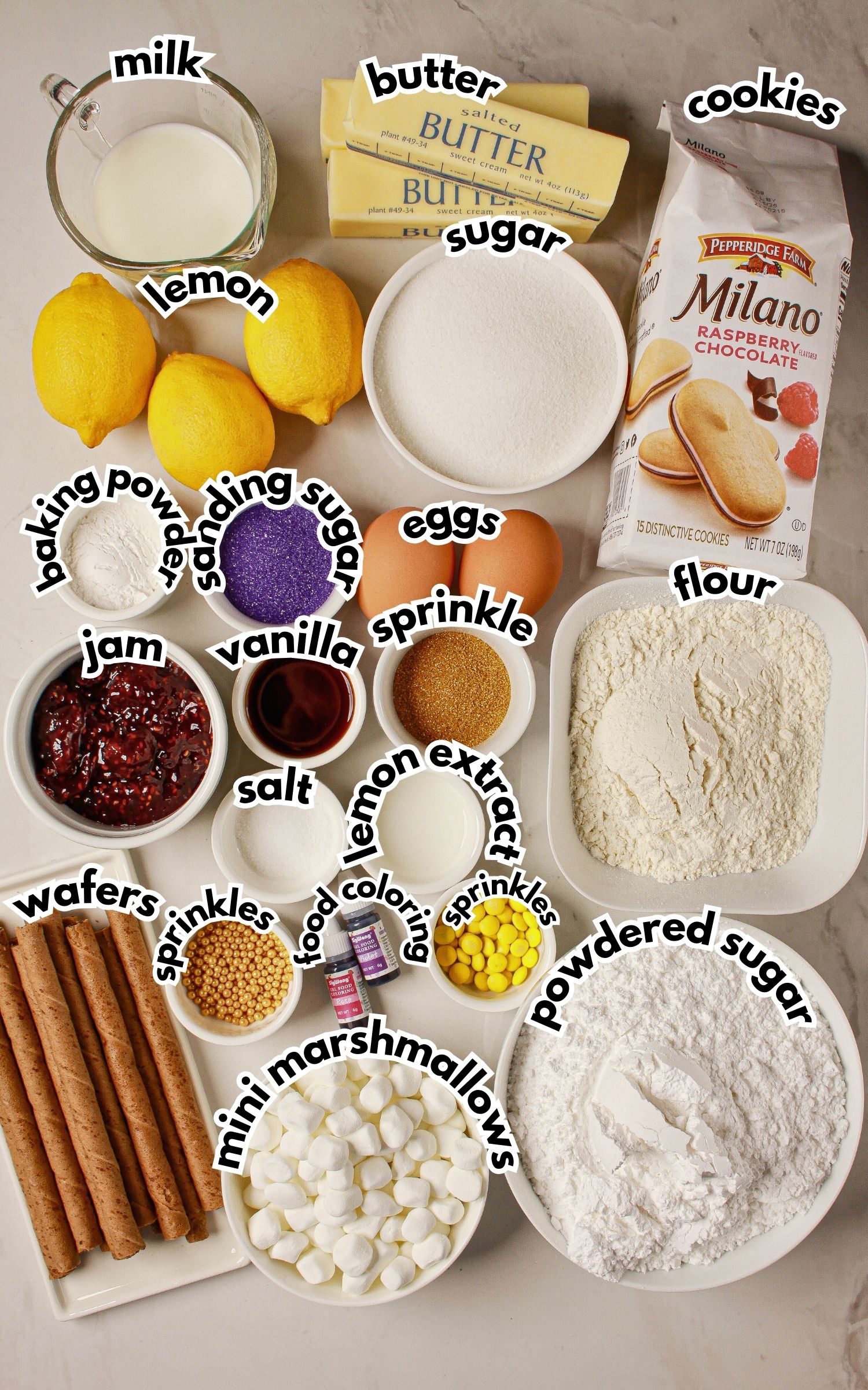 Bowls of ingredients on a counter labelled with text.