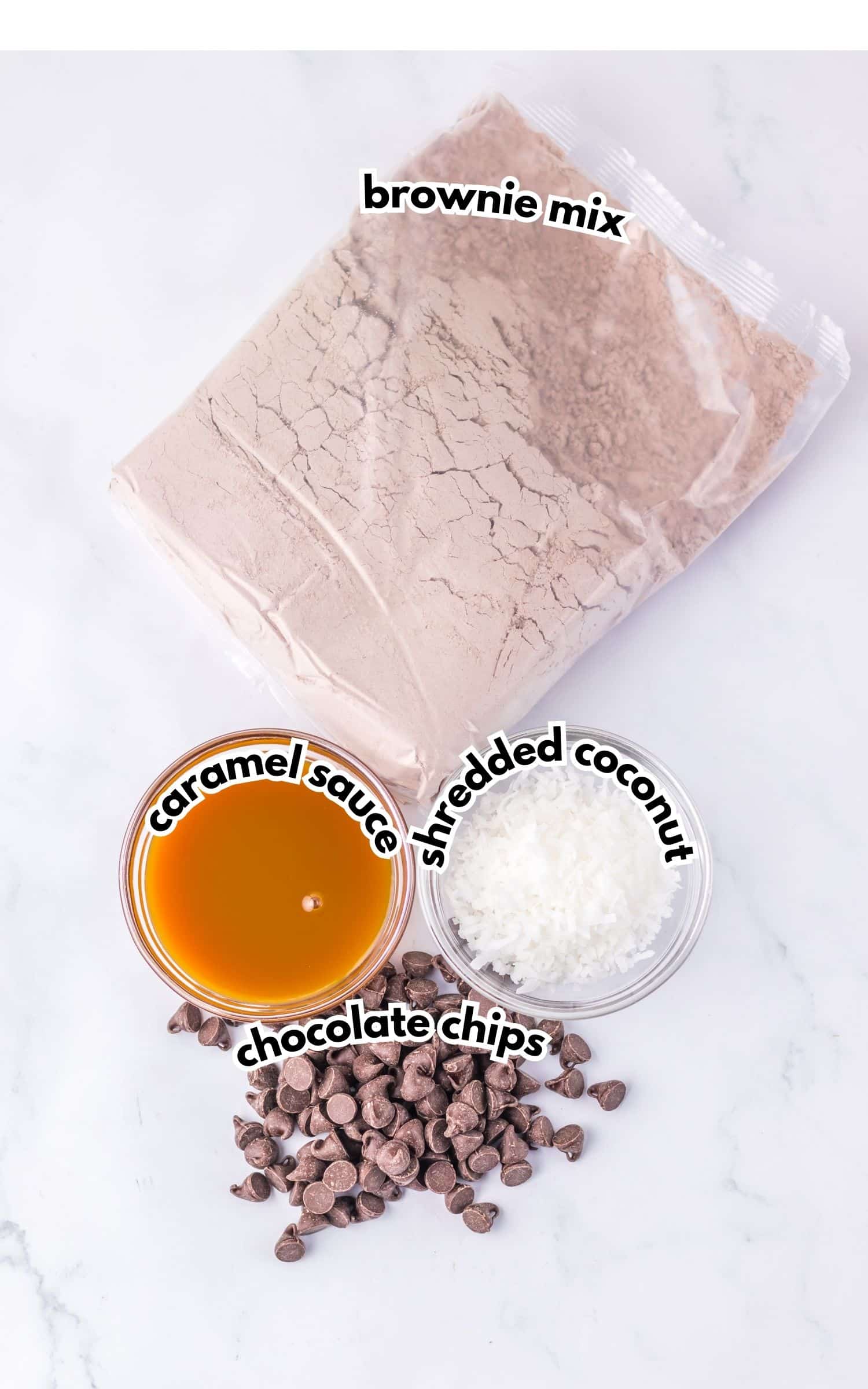 Ingredients on a counter labelled with text.