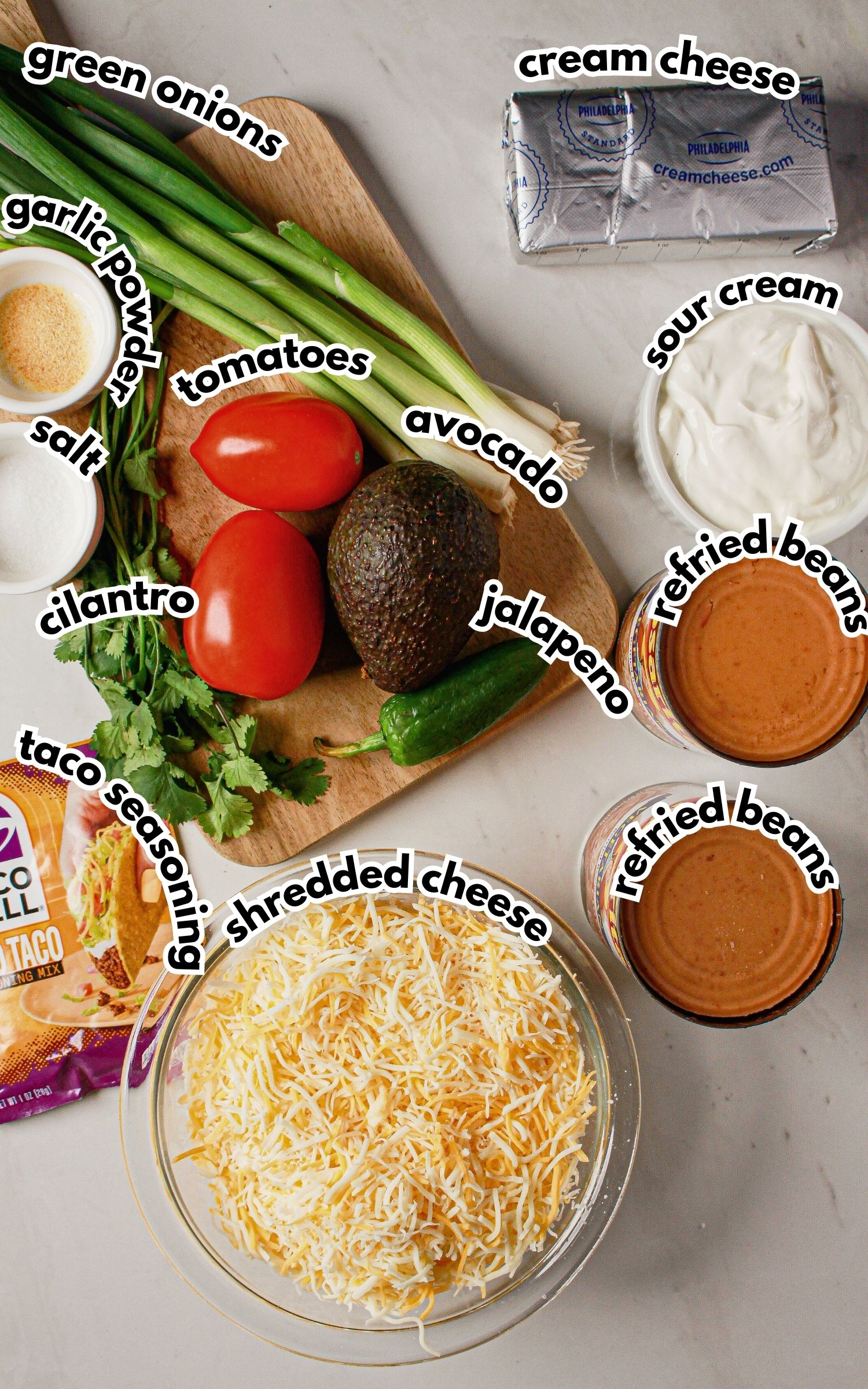 Bowls of ingredients labelled with text on a counter.