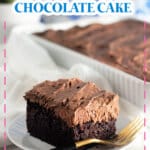 Slice of chocolate cake on a plate.