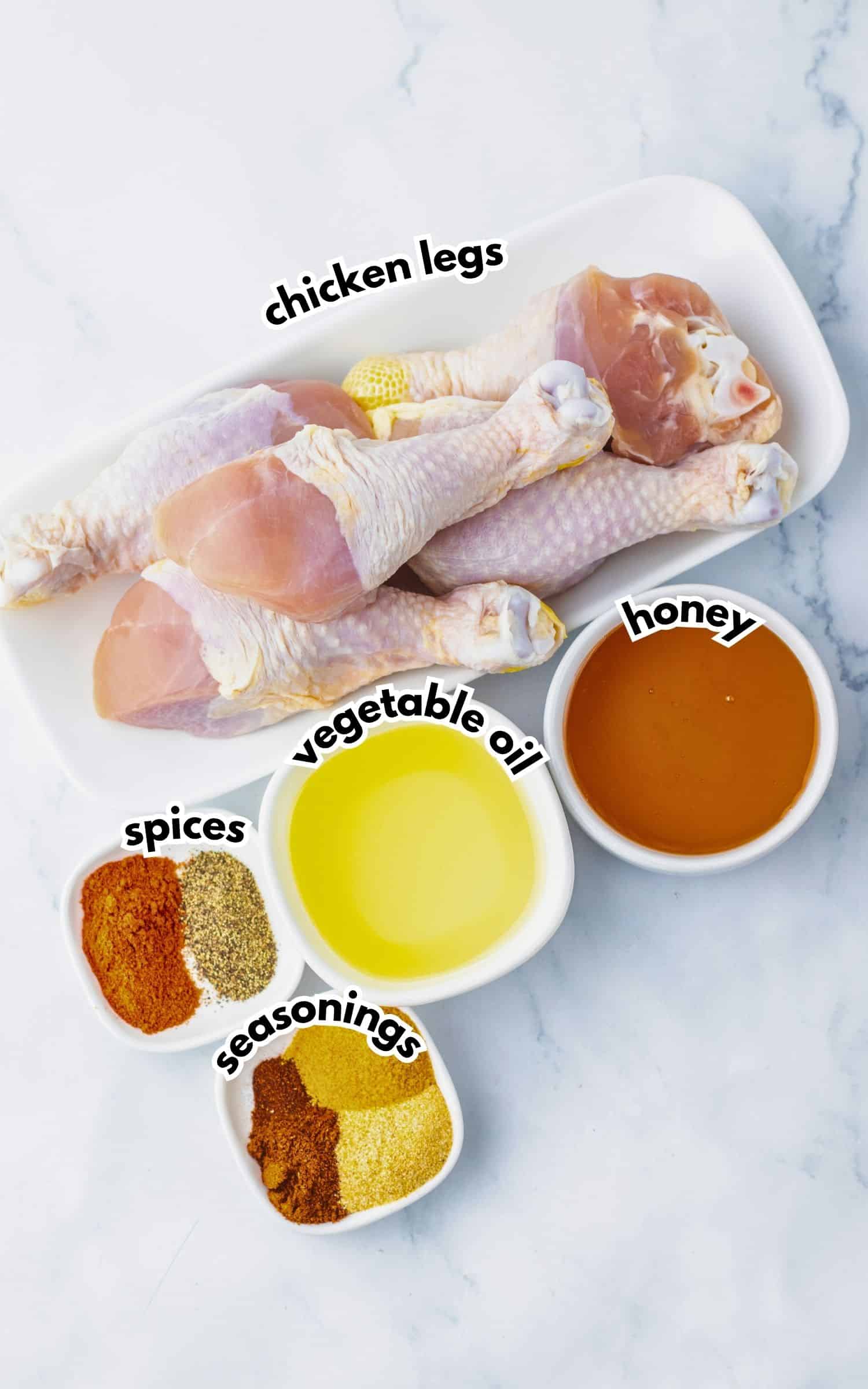 Ingredients on a counter labelled with text ready to cook.