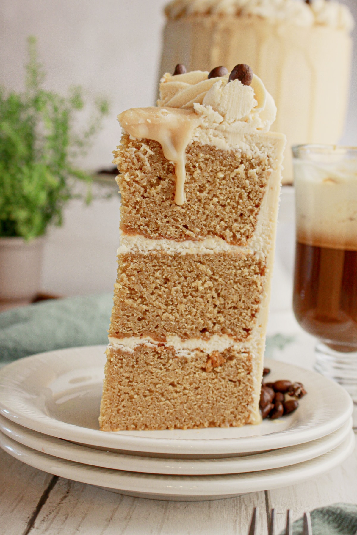 Slice of cappuccino cake on a plate.