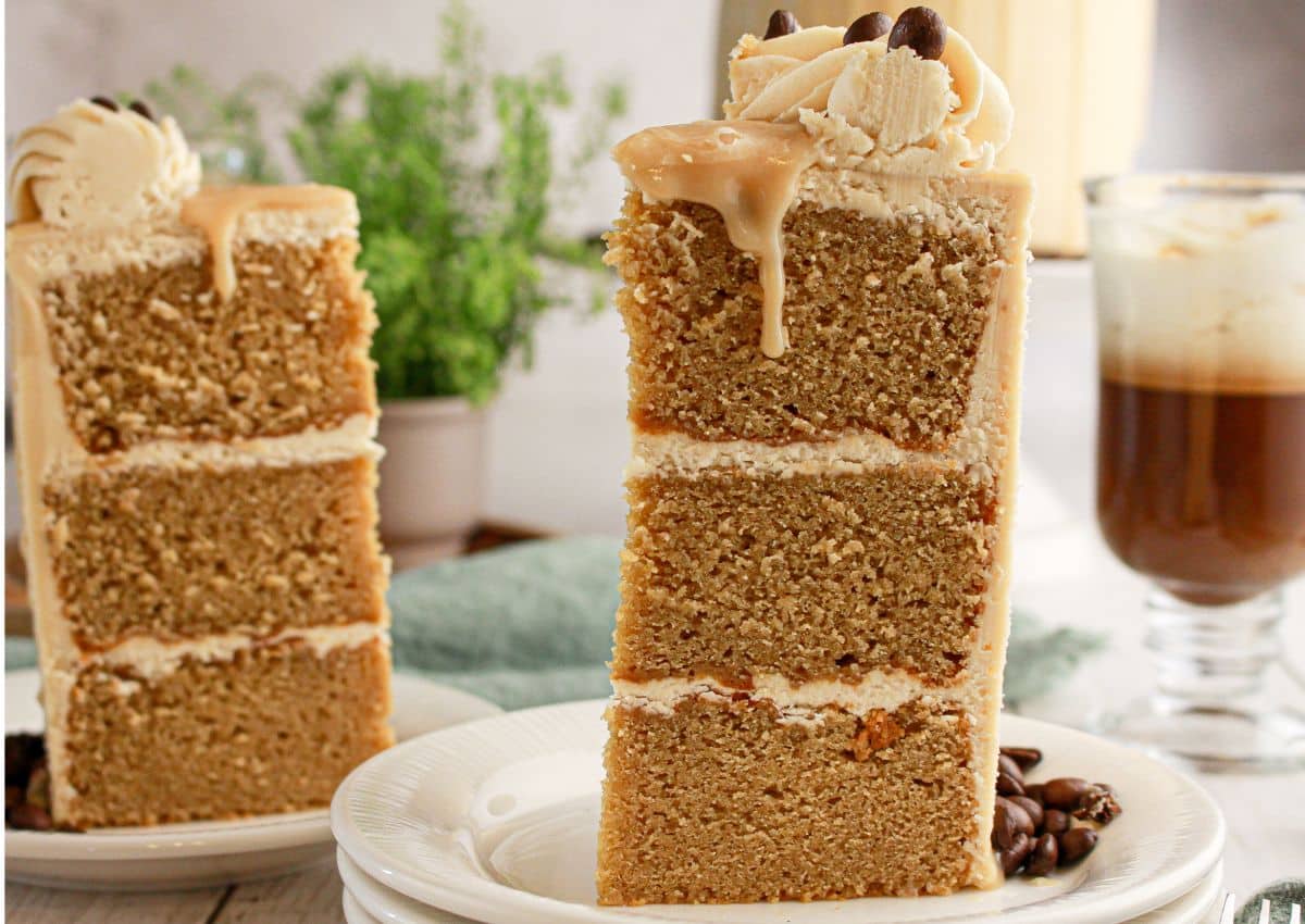 Slice of cappuccino cake on a plate.