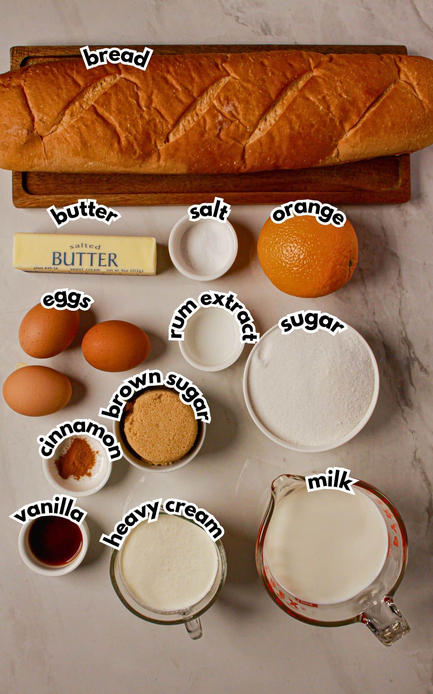 Bowls of ingredients labelled with text on a counter.
