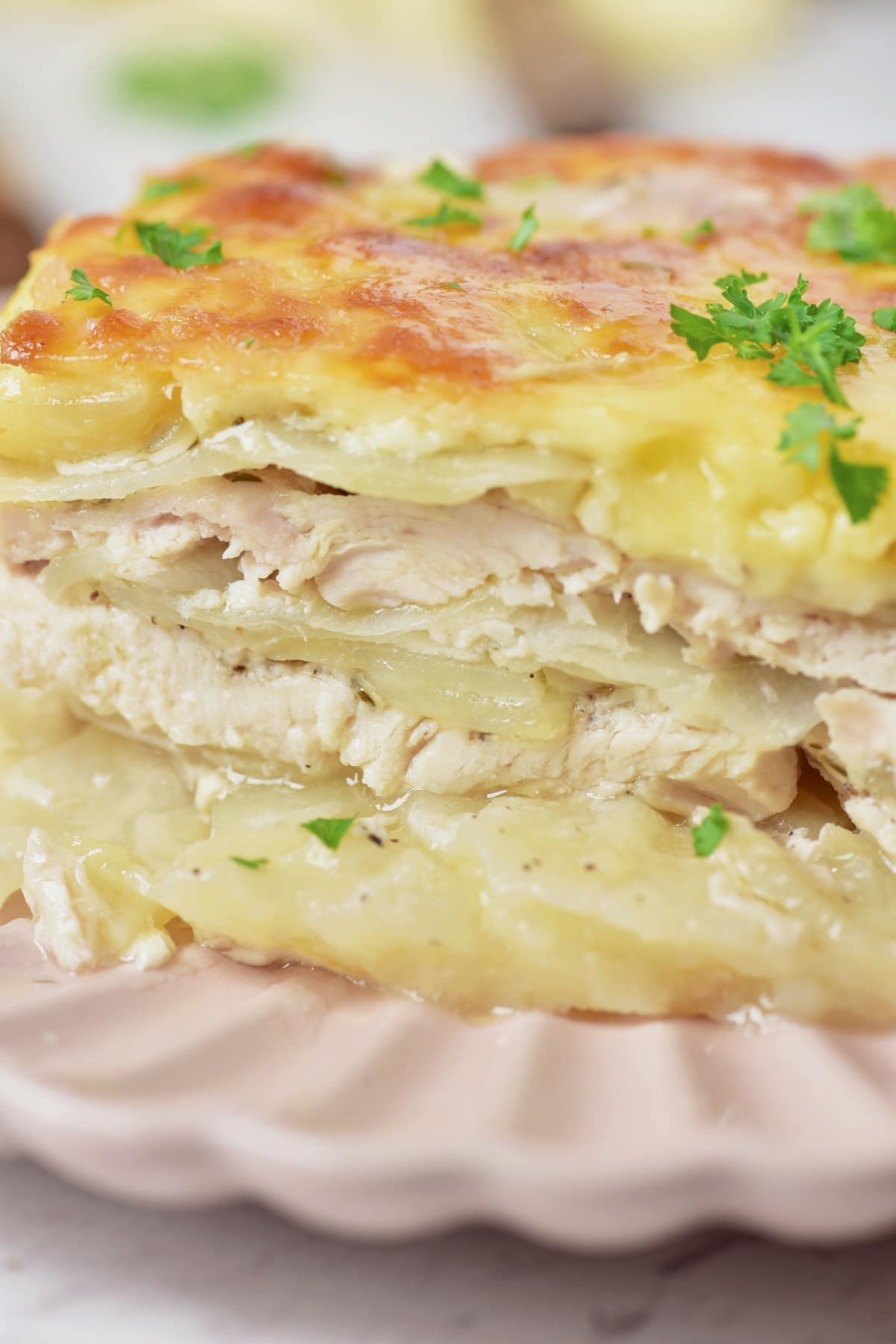 Slice of cheesy chicken potato bake on a pink plate.