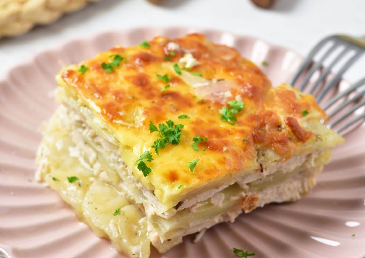 Slice of cheesy chicken potato bake on a pink plate.
