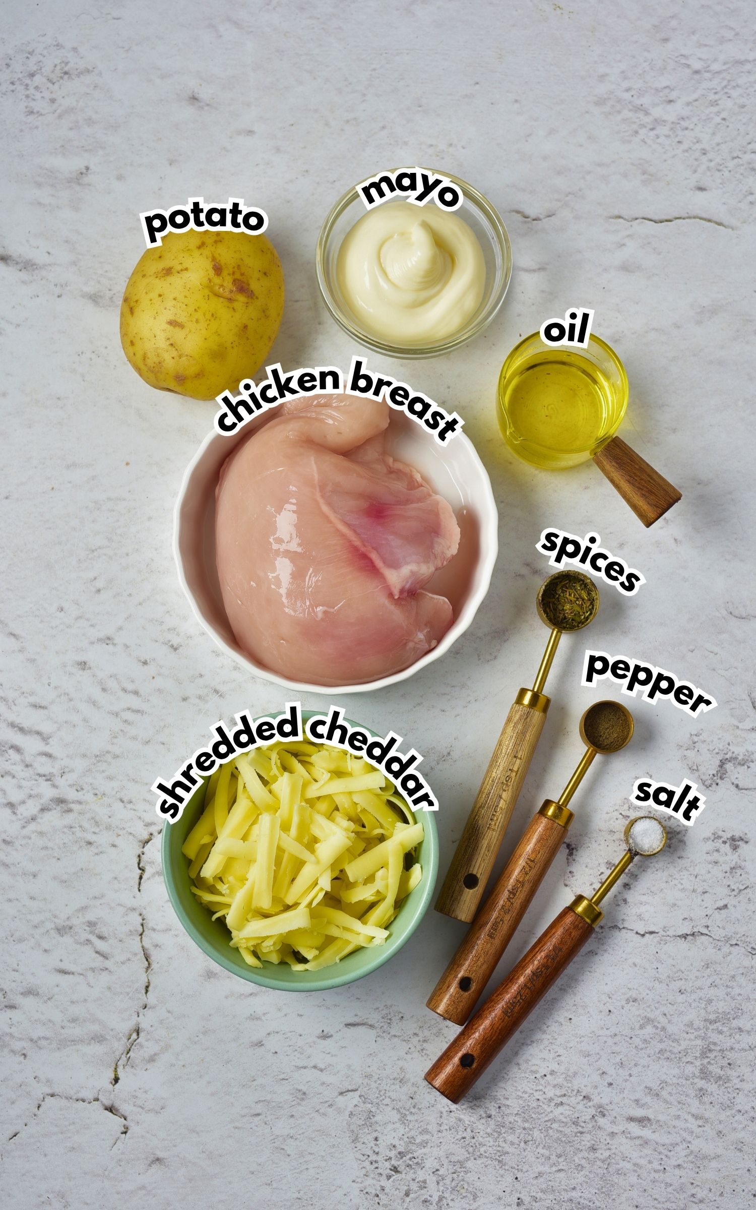 Bowls of ingredients labelled with text on a counter.