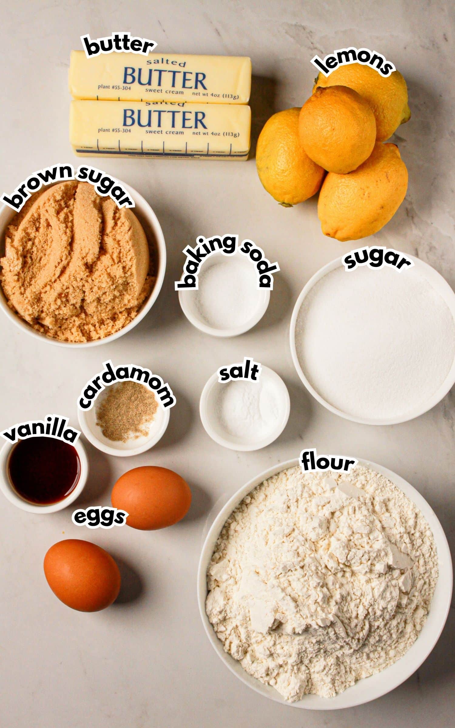 Bowls of ingredients labelled with text.