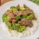 Copycat Panda Express Beef and Broccoli White plate with rice topped with beef and broccoli.