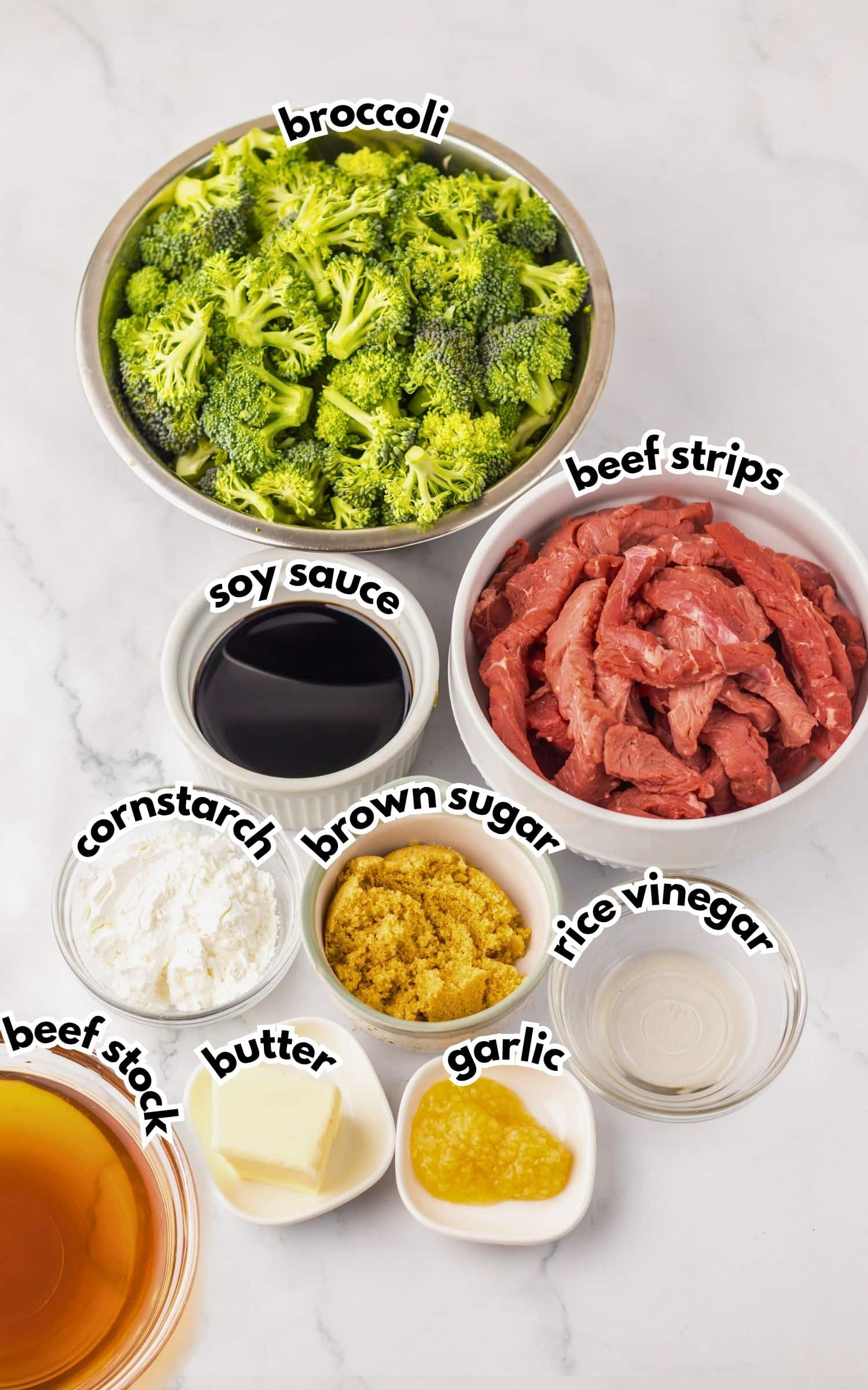 Bowls of ingredients labelled with text.