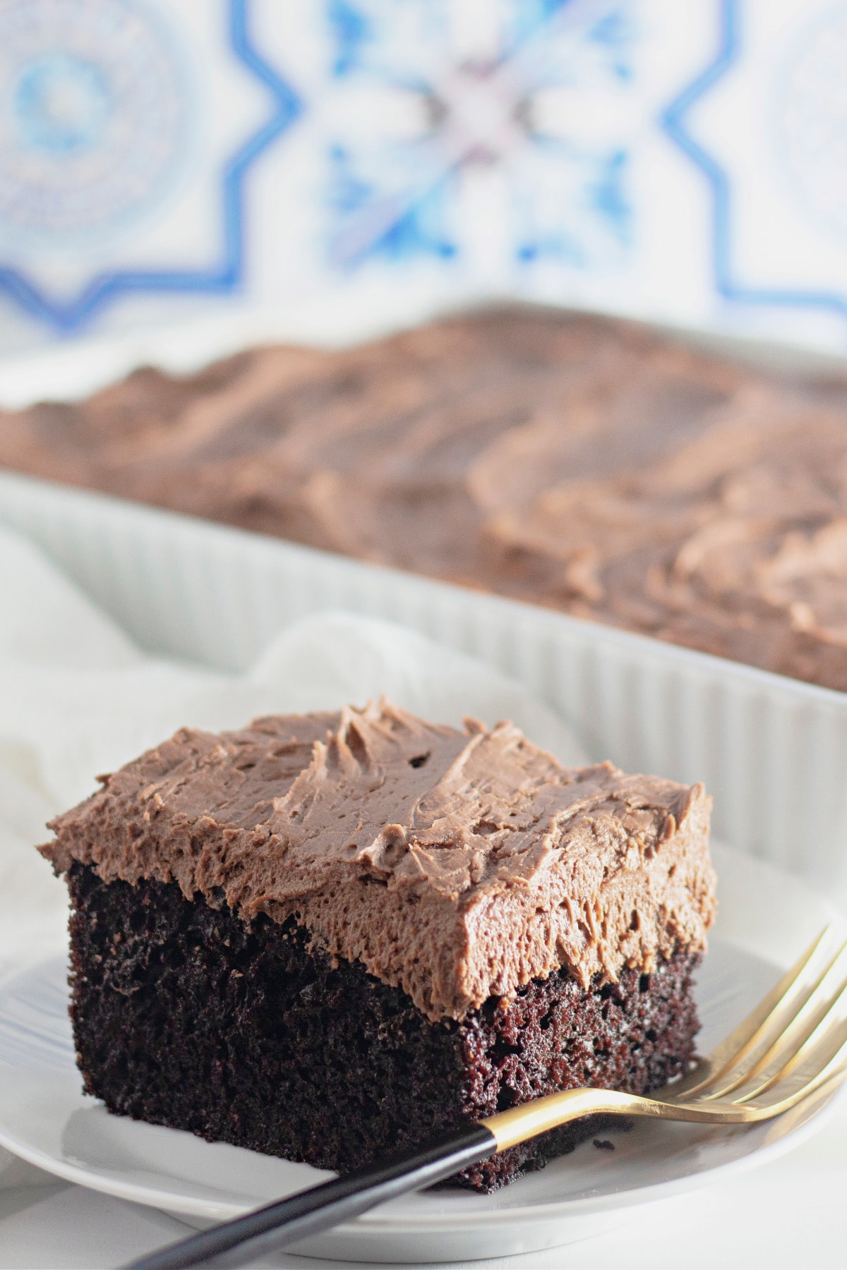 Slice of easy chocolate cake on a small plate.