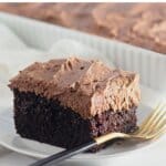 Slice of easy chocolate cake on a small plate.
