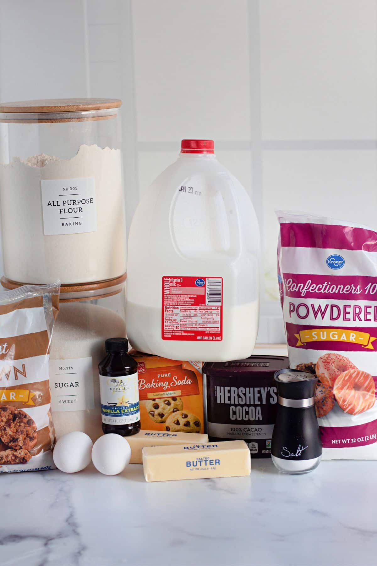 Containers of ingredients on a counter.