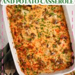 Baking dish full of ground beef and potato casserole.
