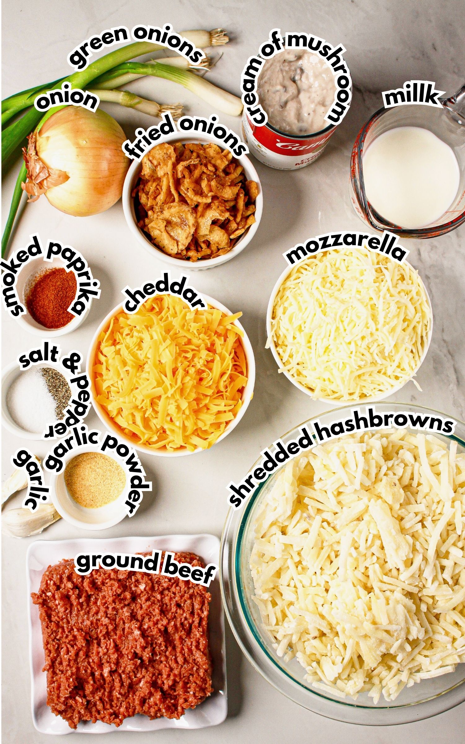 Bowls of ingredients labelled with text on a counter.