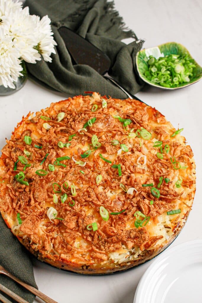 Baked hobo casserole in a springform pan.