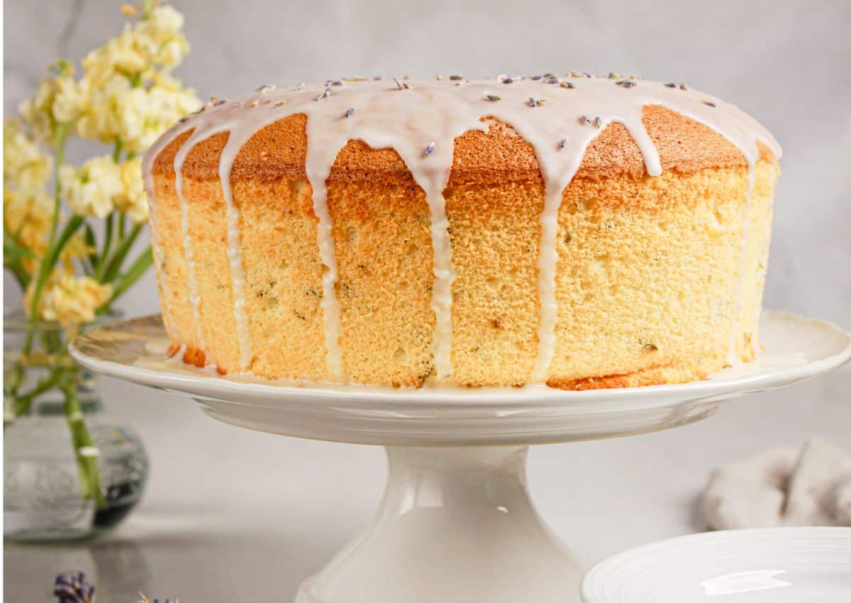 Mint Lemon Chiffon Cake on a cake stand.