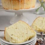 Slice of lemon chiffon cake on a small plate.