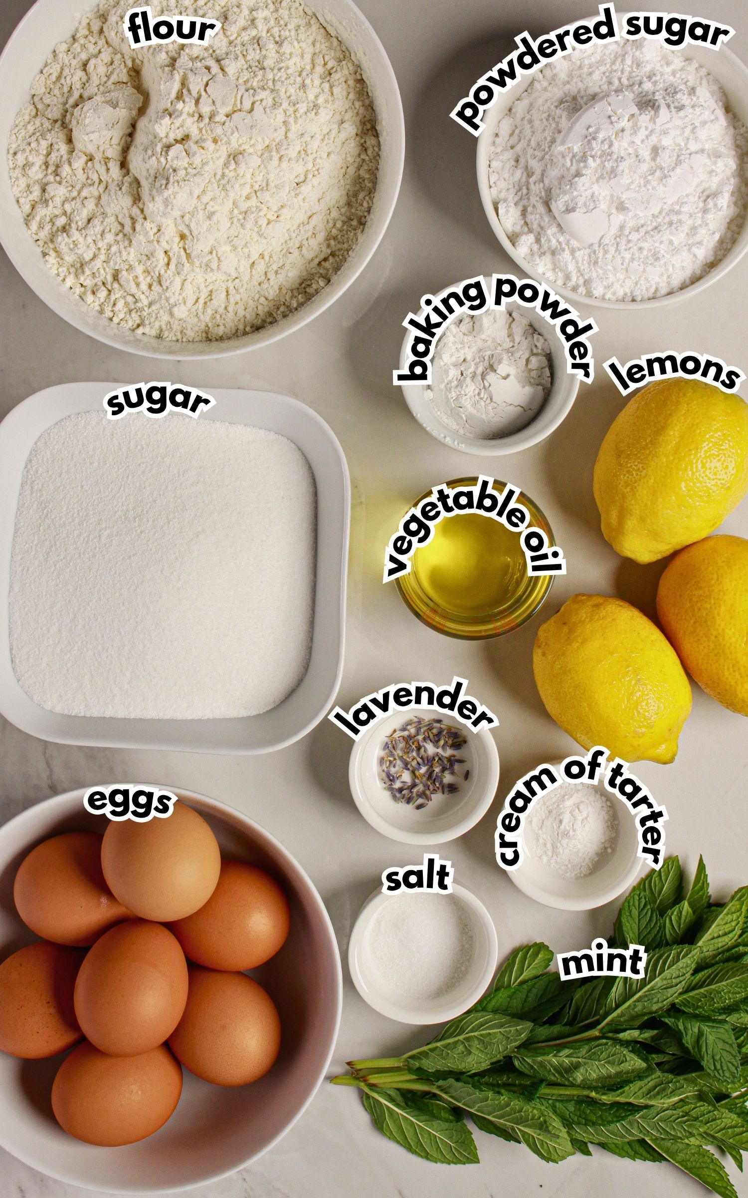 Bowls of ingredients labelled with text.