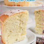 Slice of lemon chiffon cake on a small plate.
