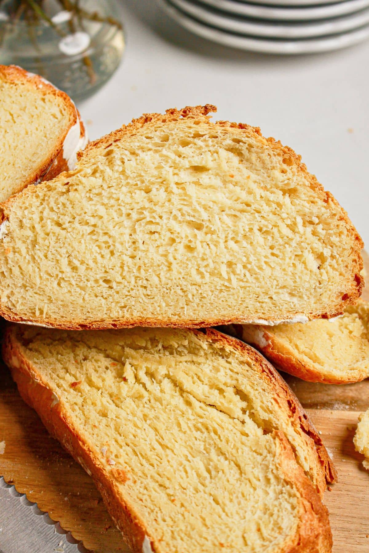 Slices of mock sourdough bread on a table.