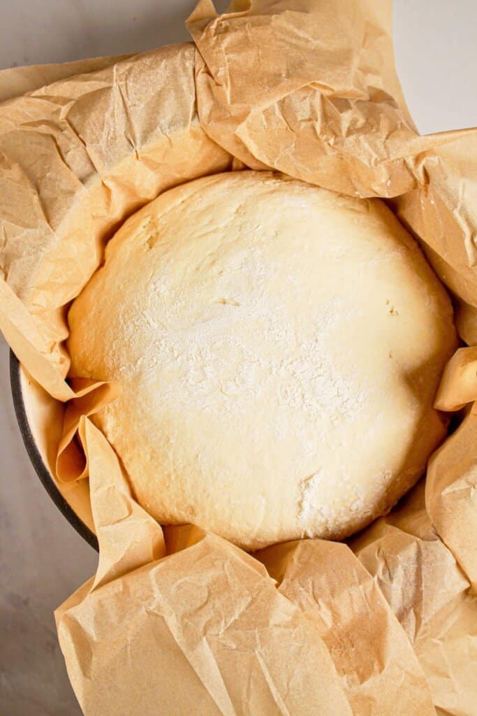 Dough in a dutch oven ready for the oven.
