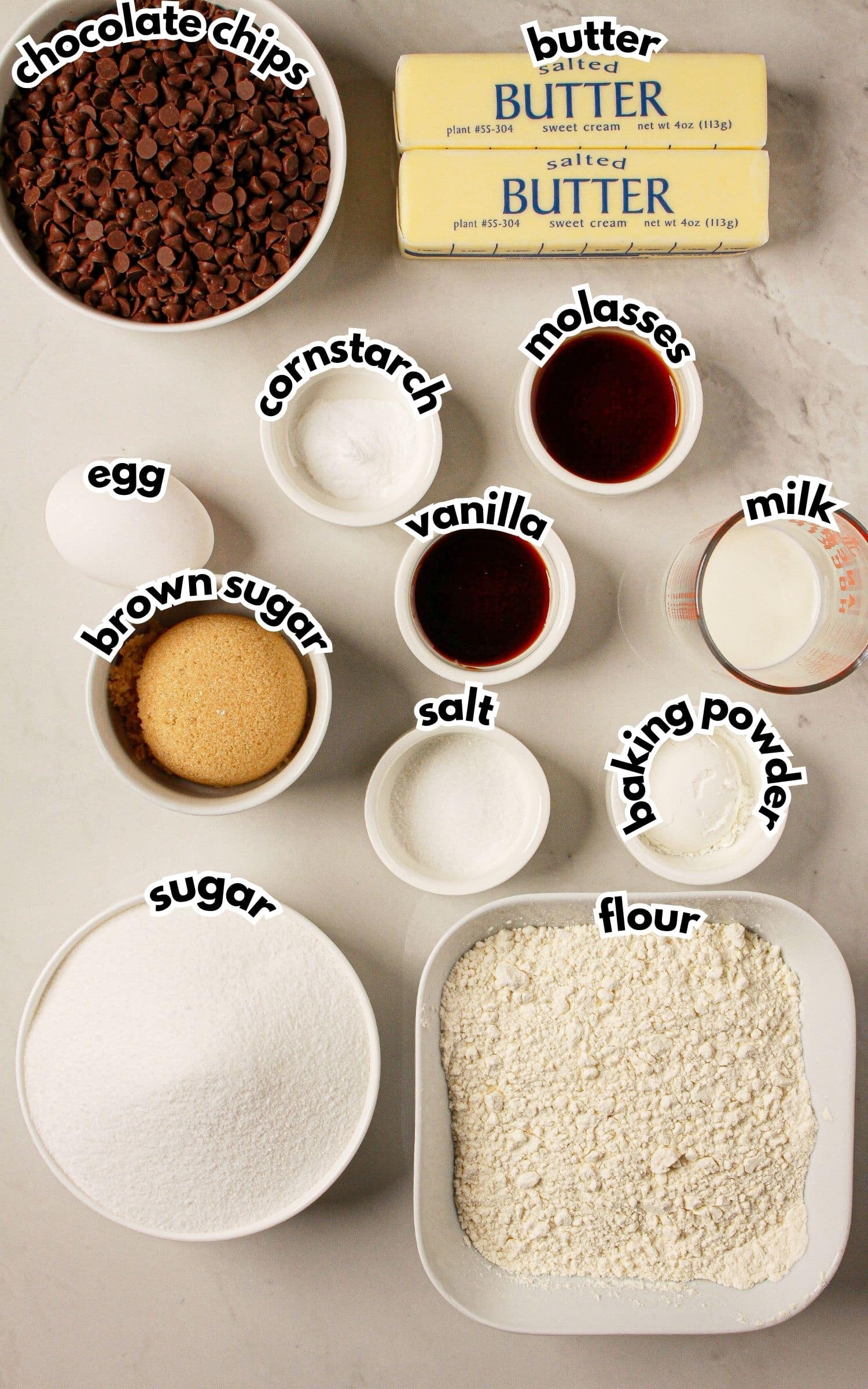 Bowls of ingredients labelled with text.