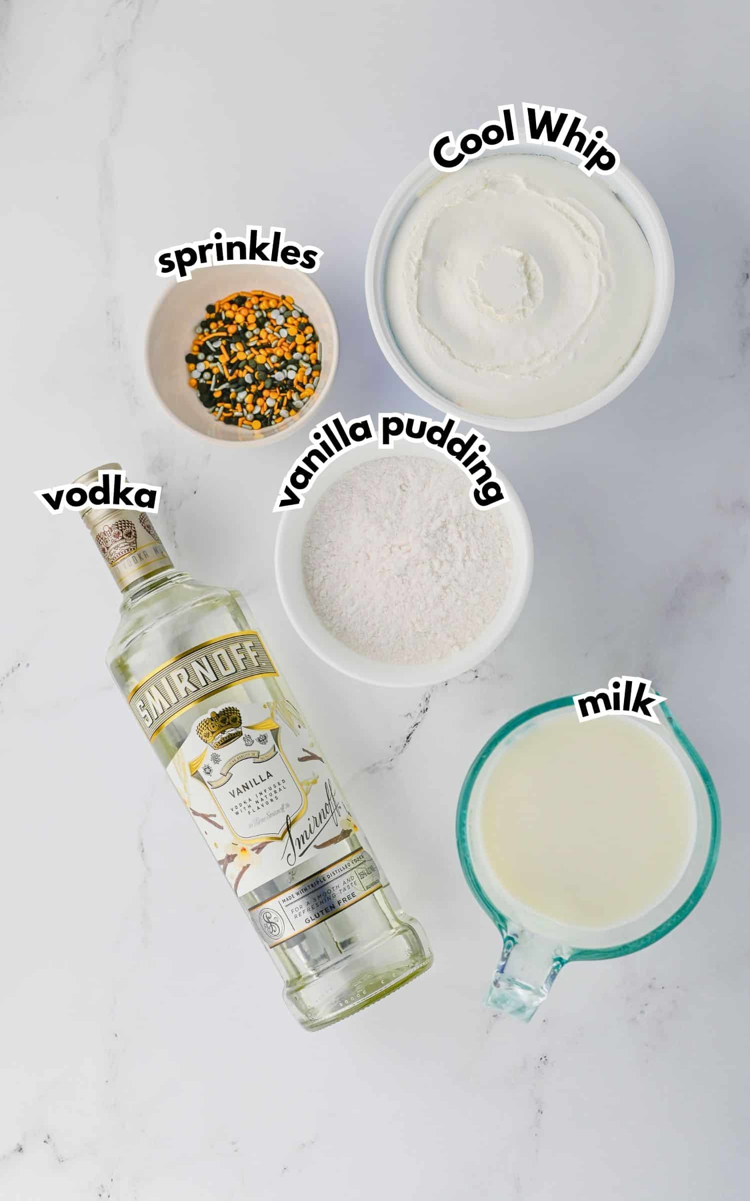 Bowls of ingredients on a counter labelled with text.