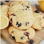 Blueberry and Lemon Scones Blueberry and lemon scones on a wooden cutting board.