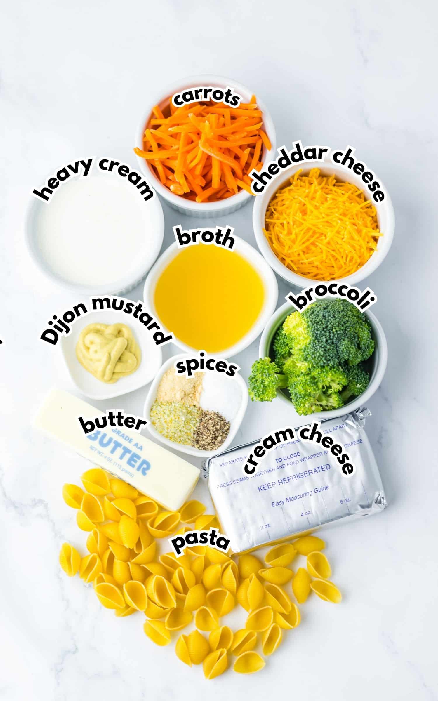 Bowls of ingredients labelled with text on a counter.