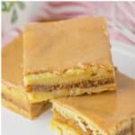Brown Sugar Cinnamon Bars Three brown butter cinnamon bars on a small plate.