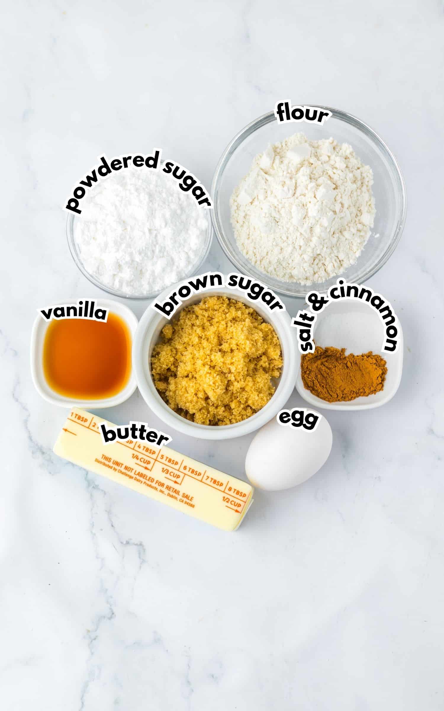 Bowls of ingredients labelled with text.