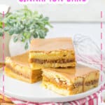 Three brown butter cinnamon bars on a small plate.