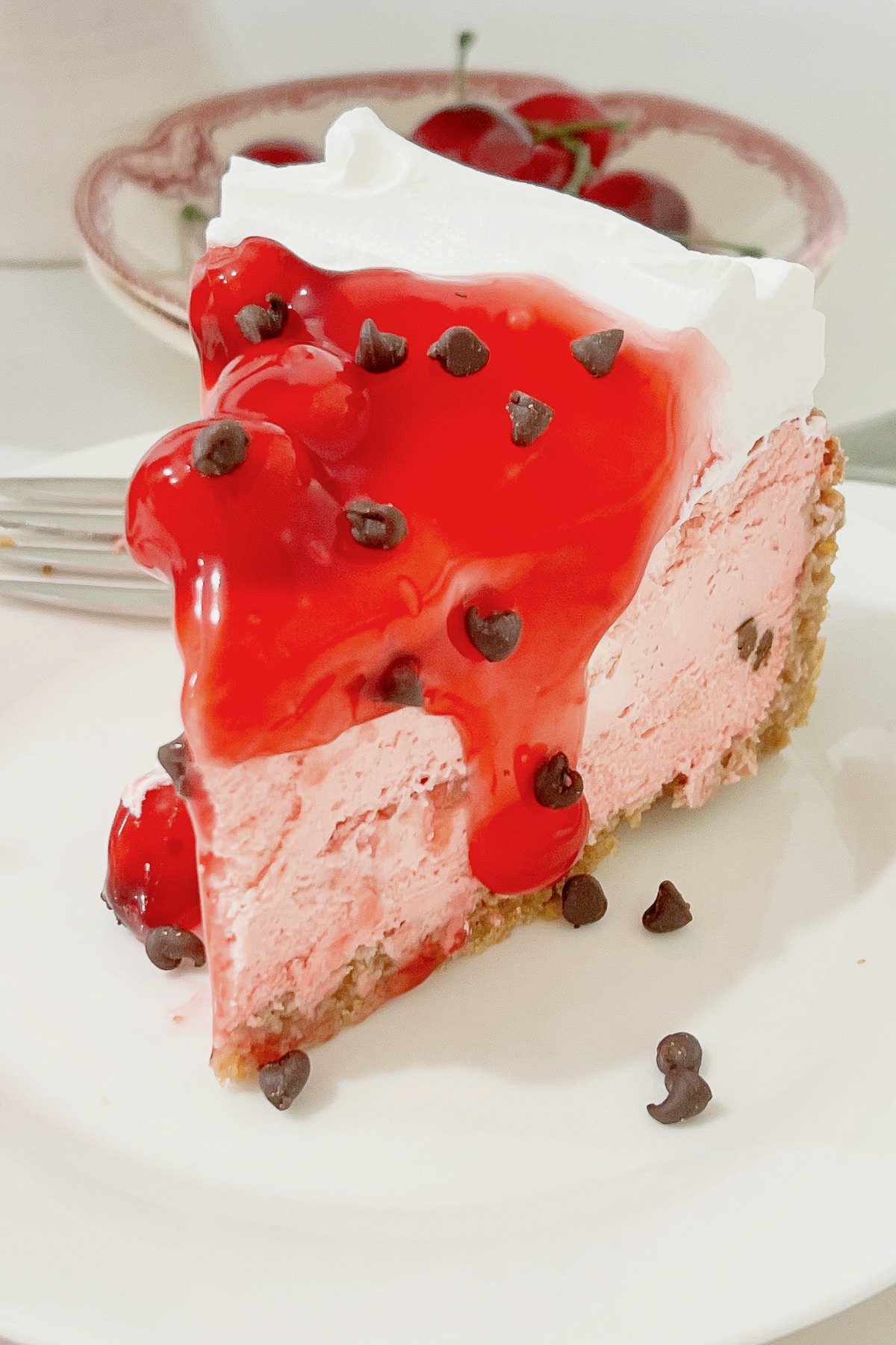 Slice of cherry chip cheesecake on a white plate.