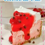 Slice of cherry chip cheesecake on a white plate.