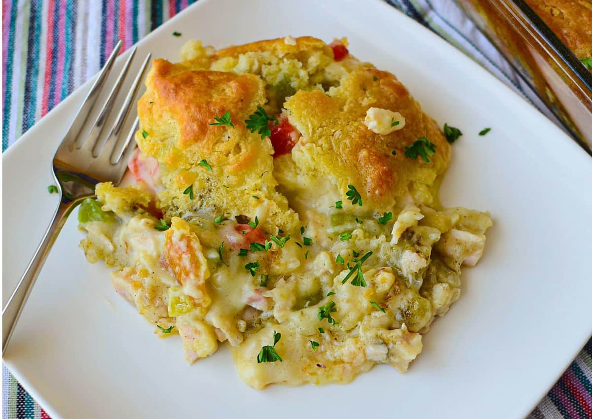 Serving of chicken and dumpling casserole on a white plate.