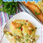 Serving of chicken and dumpling casserole on a white plate.