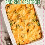 A white casserole dish full of chicken, broccoli, and rice casserole.