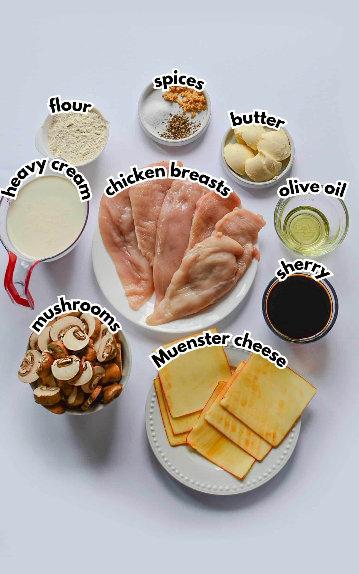 Bowls of ingredients labelled with text.