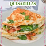Two quesadillas stacked on a white plate.