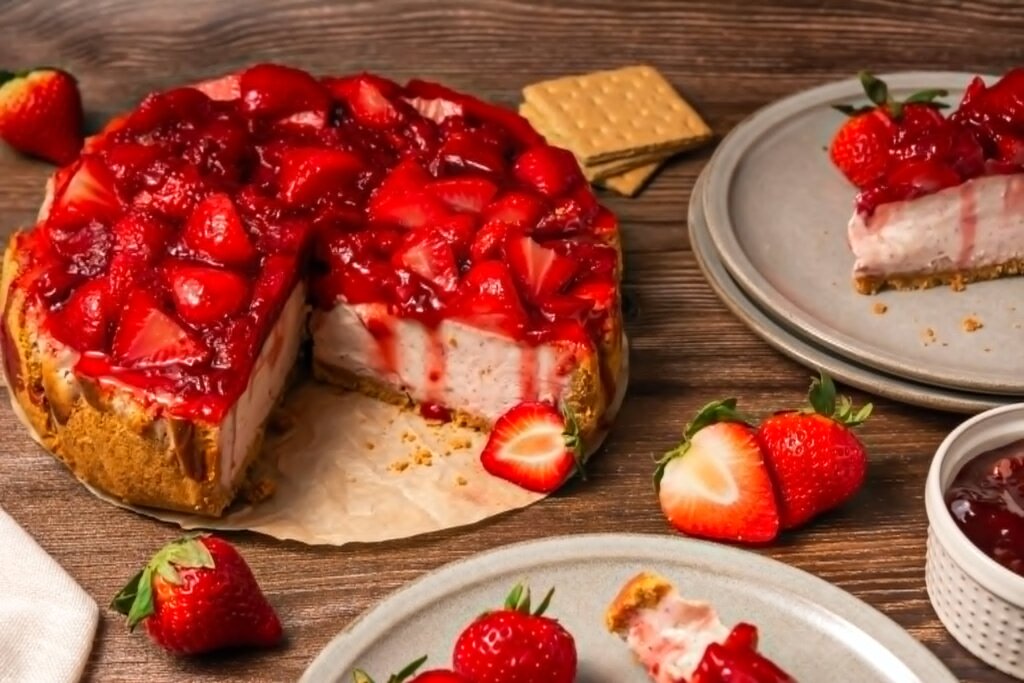 homemade strawberry cheesecake sliced