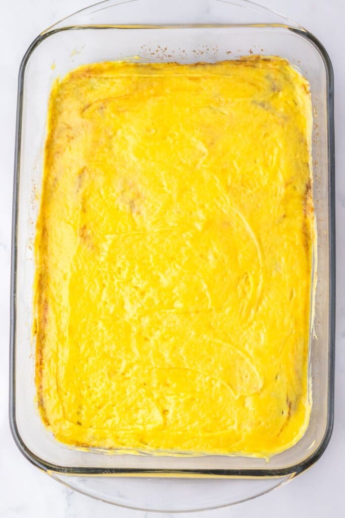 Baked dessert in a glass baking dish.