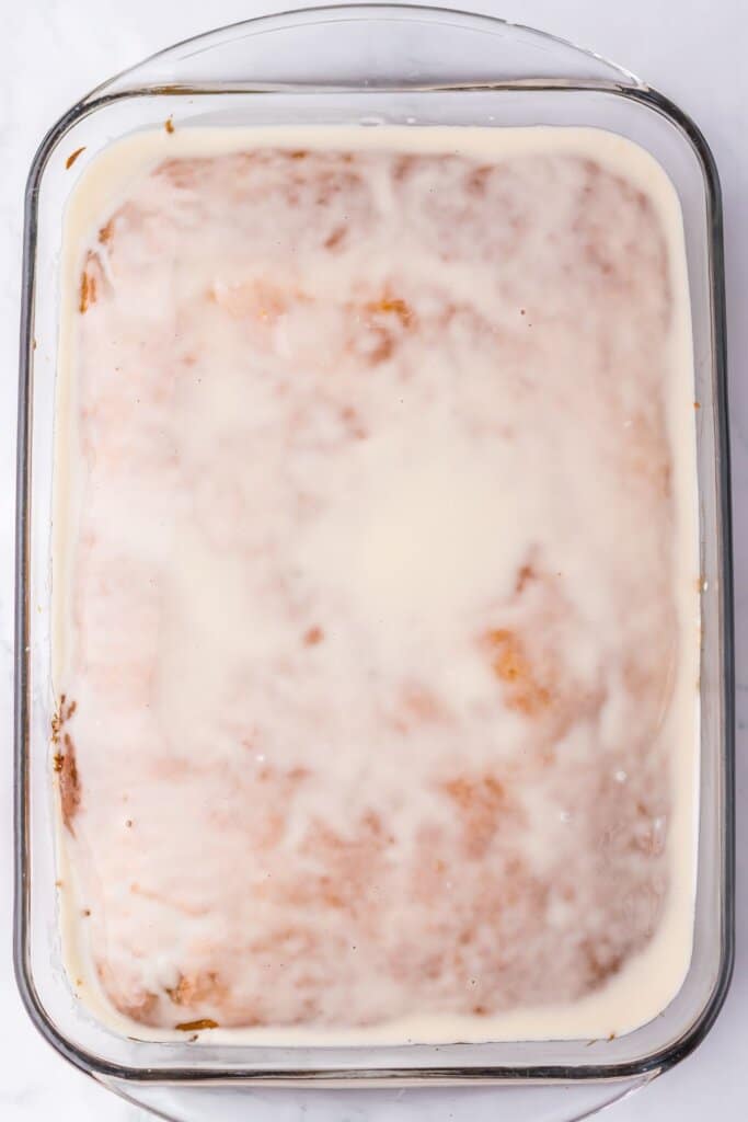 Finished dessert in a glass baking dish.