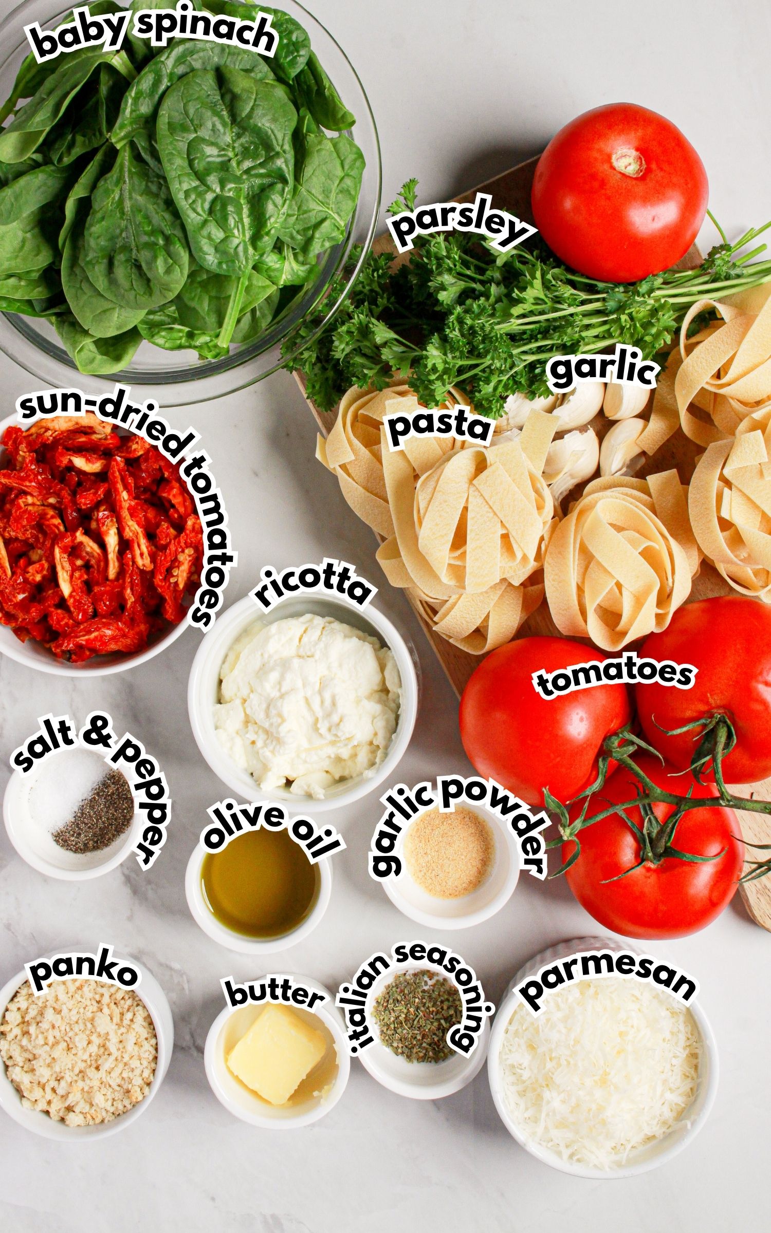 Bowls of ingredients labelled with text.