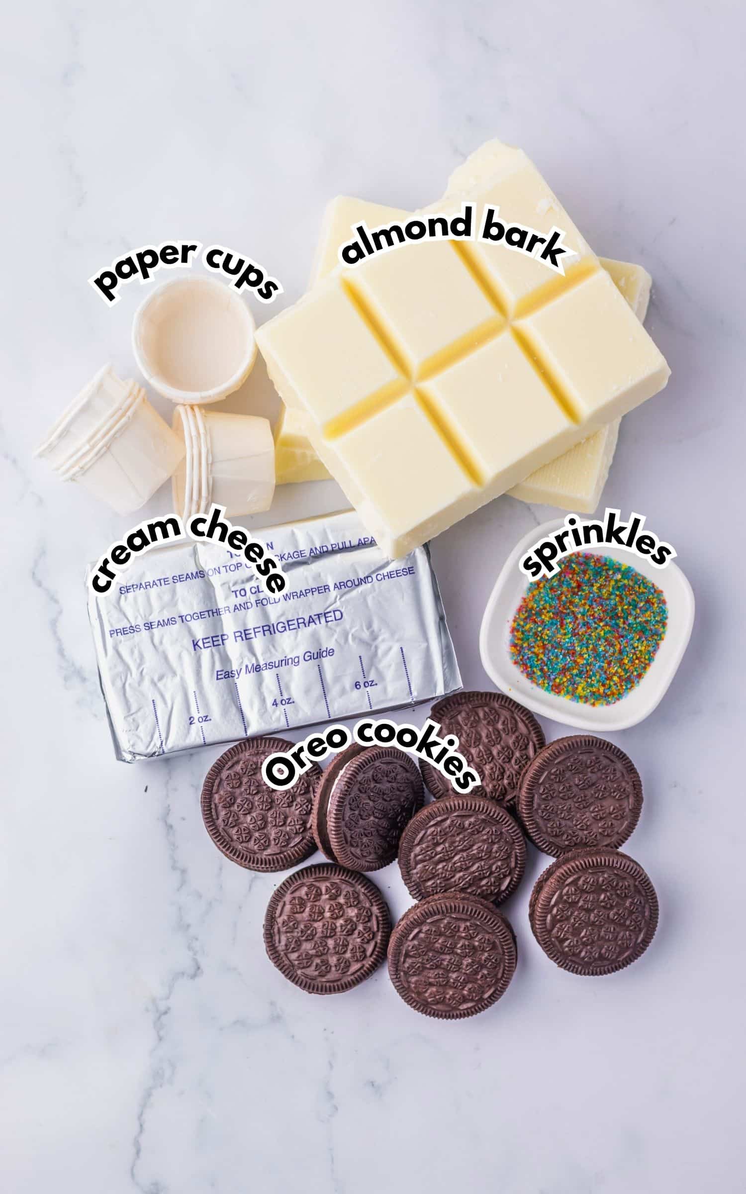 Ingredients on a counter labelled with text.